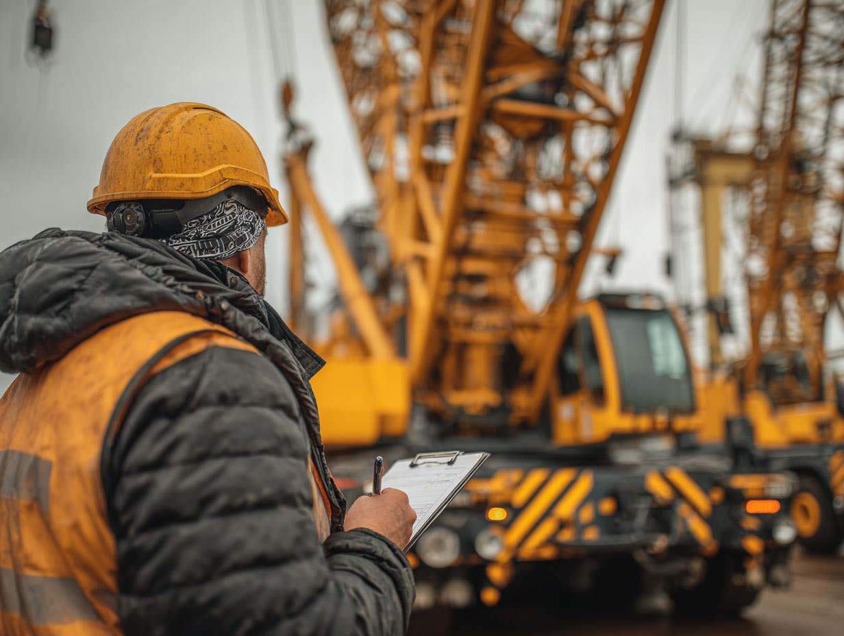 Crane expert witness inspecting equipment during a field review